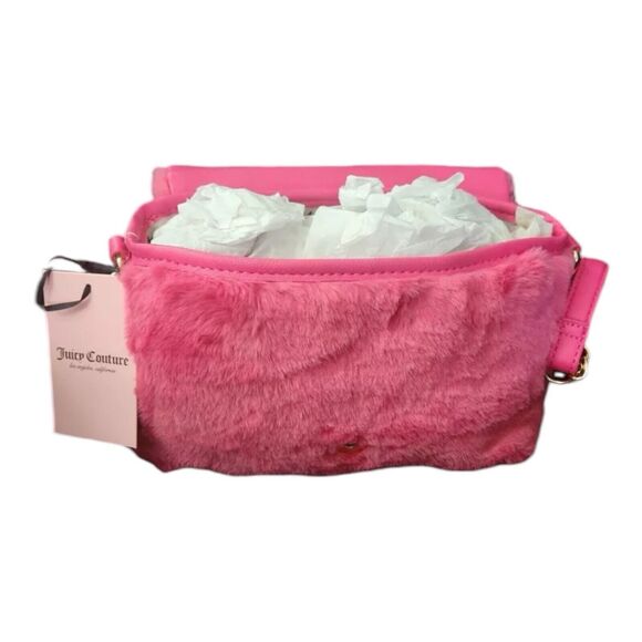 Juicy Couture LETS GET COZY Hot Pink Fluffy Crossbody Bag W Heart Charm NEW - Picture 4 of 5